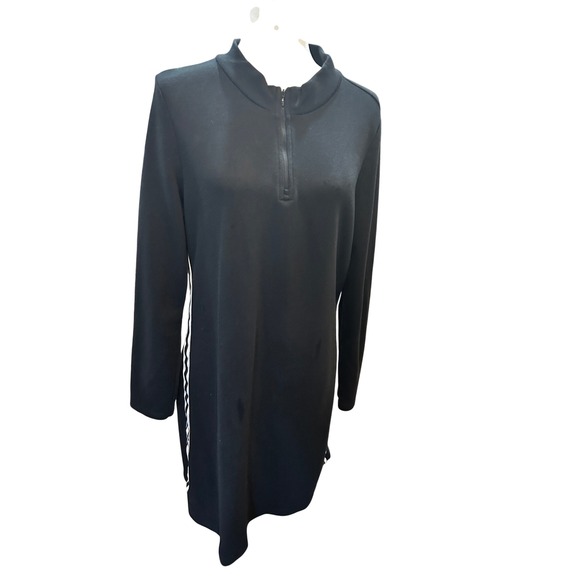 DKNY Black Long Sleeve Dress Quarter Zip Athleisure Side Stripe Modern Chic - Picture 1 of 7